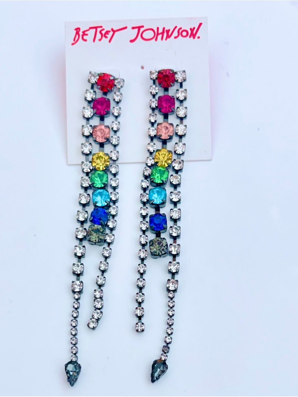 Betsey Johnson Rainbow Crystal Linear Drop Earrings with Clear Rhinestones